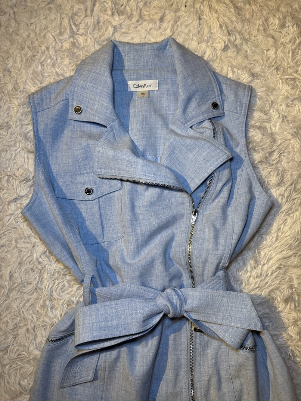 Calvin Klein Light Blue Sleeveless Zip-Front Belted Midi Dress - Picture 3 of 10